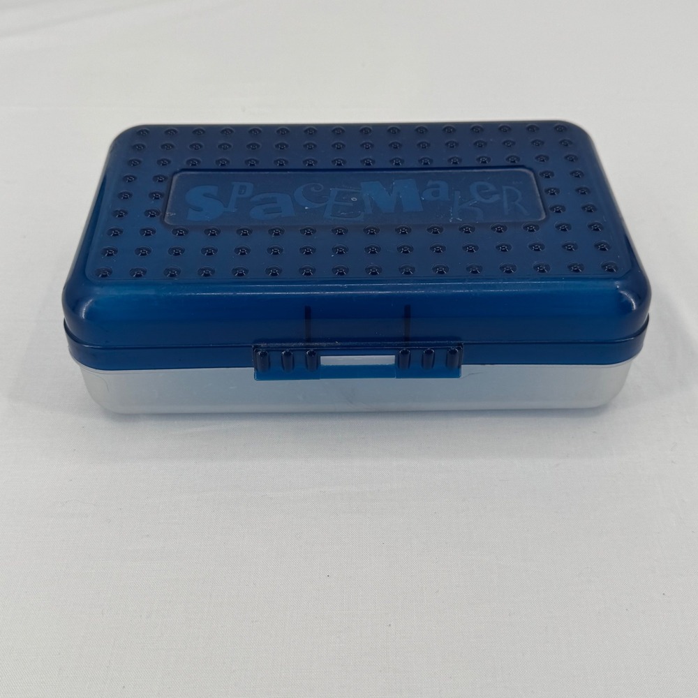 Vintage 90s SpaceMaker Pencil Box Blue Translucent Plastic School Case USA